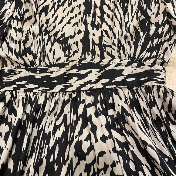 Sandro Paris Printed Black + Cream Silk Mini Dress 2 | Pockets Studded Rare NWOT - Picture 9 of 15